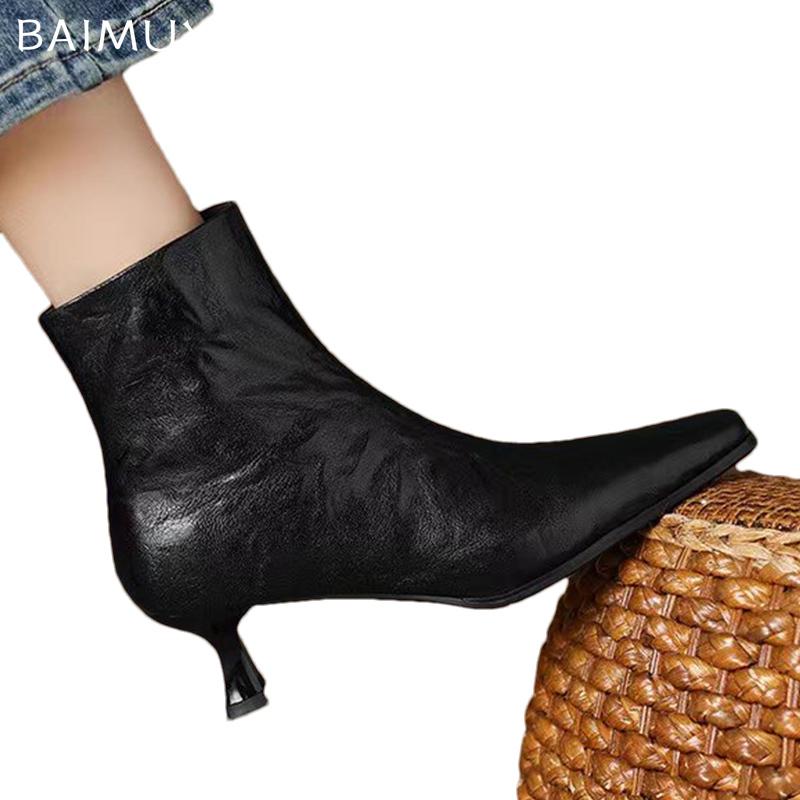 Spitze Zehenpartie Damen Stiefeletten Leder Elegant Designer Mittelhohe Absätze Schuhe Neue Marke Trend Winter Klassische Pumps Botas De Mujer