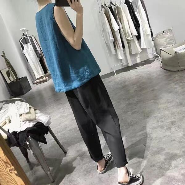 Women's V-neck Cotton Linen Vest Loose Slimming Simple Sleeveless T-shirt for Women