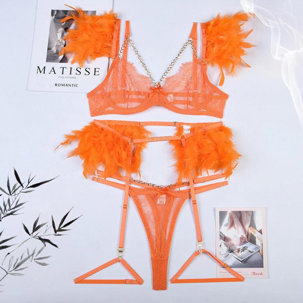 "Europe and America Trendy Sexy Feather Lace Chain Slimming Lingerie Set"