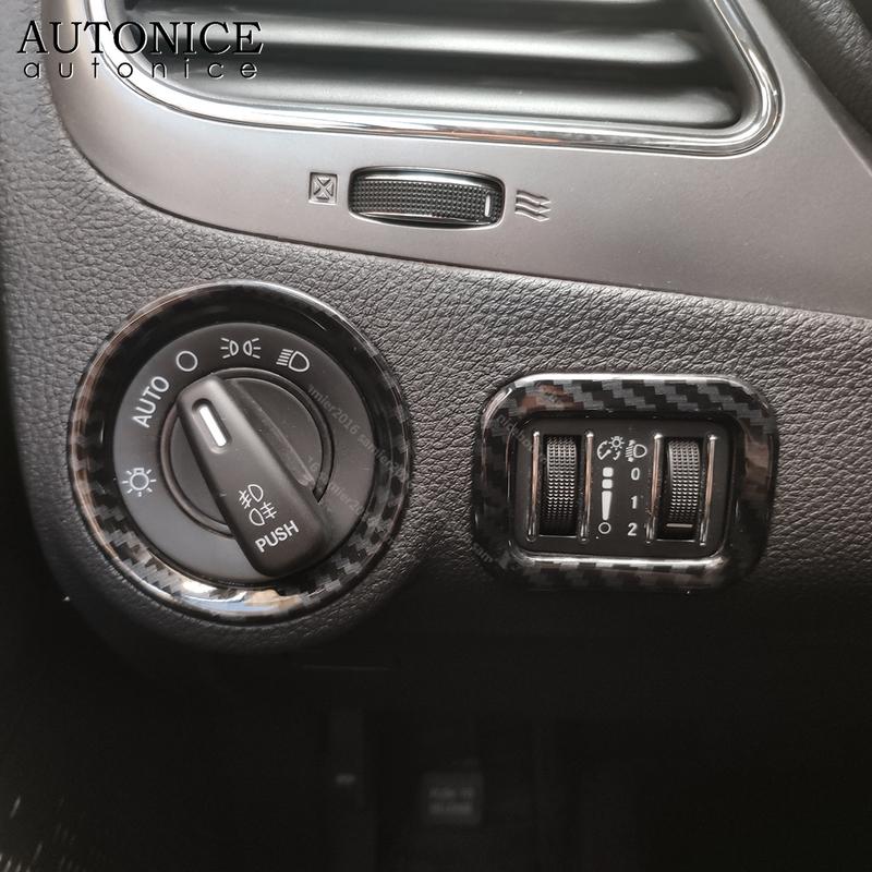 2pc Carbon Fiber Color Headlight Switch Decorative Cover Trim Fit for Dodge Journey JCUV 2013 2014 2015 2016 2017 2018