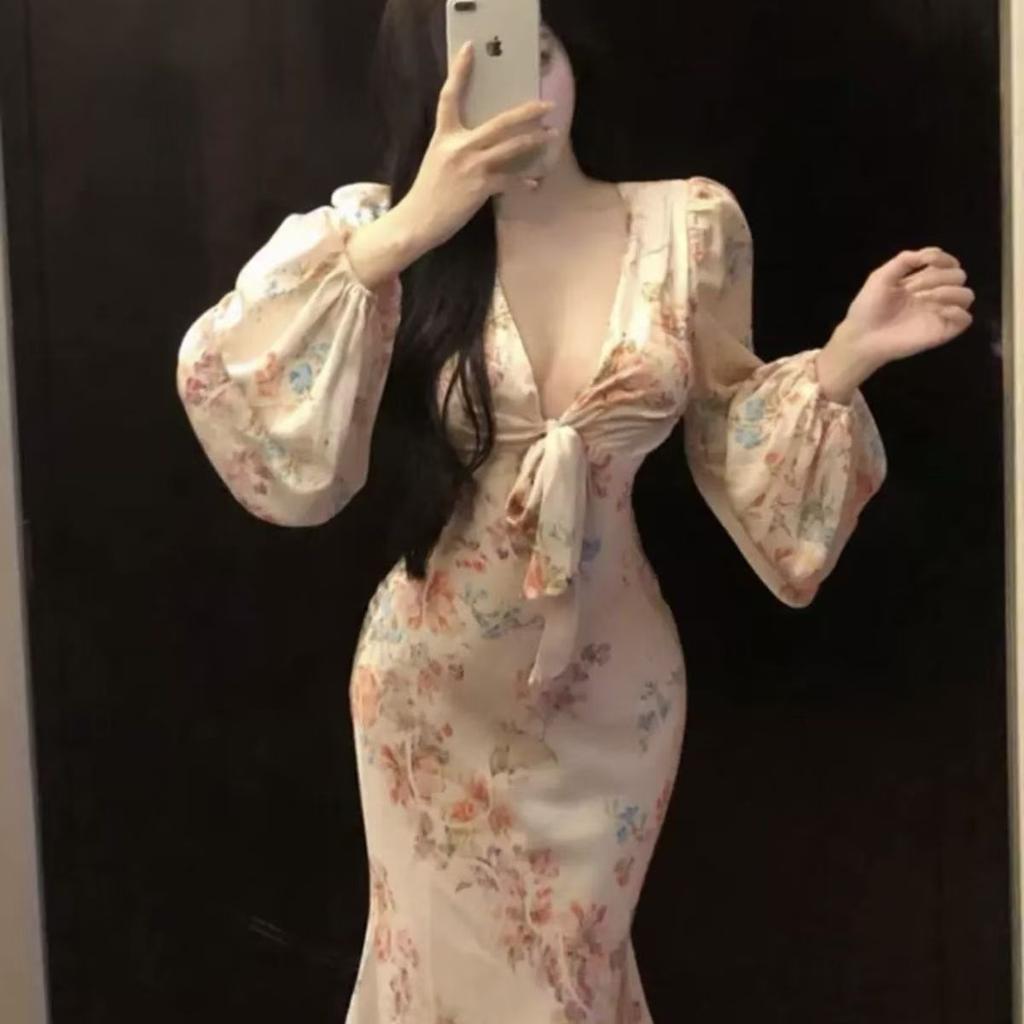 French pure desire sexy v-neck printed dress temperament waist vacation fishtail dress