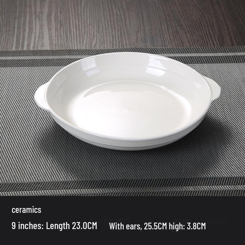 Western Style Double-Ear Pure White Ceramic Plates - Abalone & Steamed Fish Safe, Home & Microwave Oven Friendly
