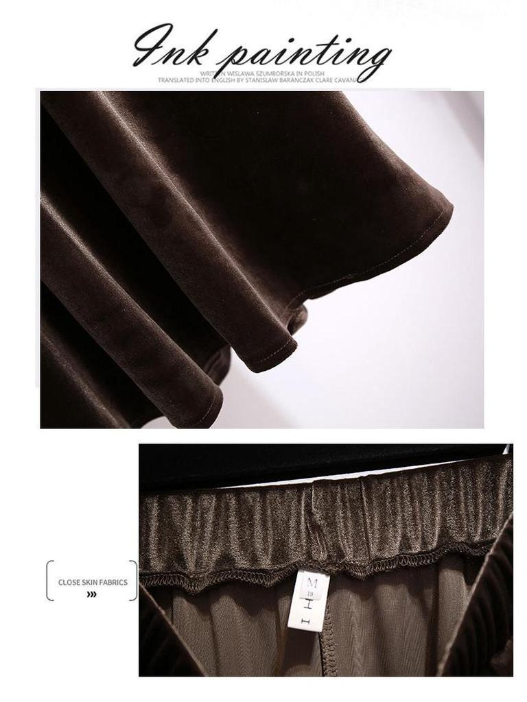 2024 Autumn/Winter Plus Size High-Waisted Gold Velvet A-Line Skirt with Elastic Waist - Slimming Long Skirt for Women