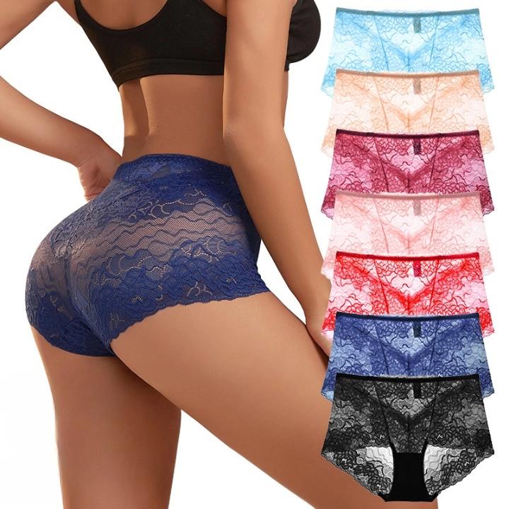Women's High Waist Lace Boxer Briefs Sheer Mesh Sexy Underwear Breathable Multicolor Panties