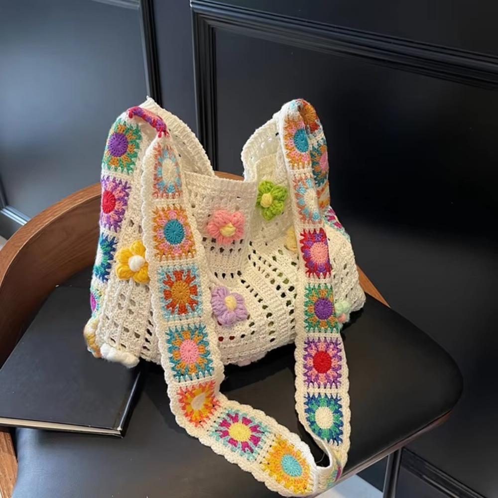 Fashion Large Capacity Women Shoulder Bag Butterfly Floral Crochet Hollow Out Knitted Handbag Vintage Multicolor Crossbody Bags