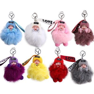 Girls Cars Key Ring Ball Pendant Pompom Keyring Plush Keychain Sleeping Baby Doll Fluffy Plush Doll