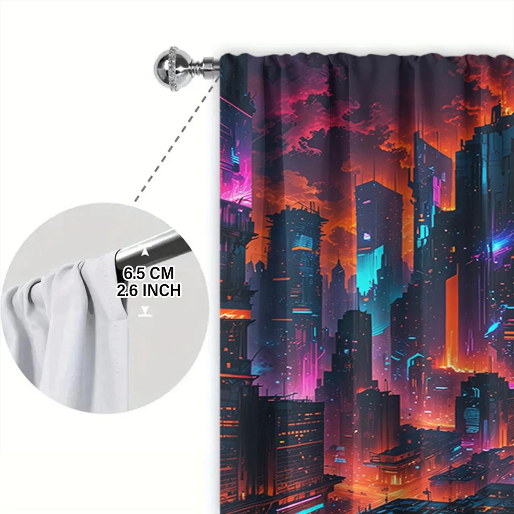 2pcs Future Technology Cyberpunk Printed Curtain for Home Decor - Rod Pocket Window Treatment for Bedroom, Office, Kitchen