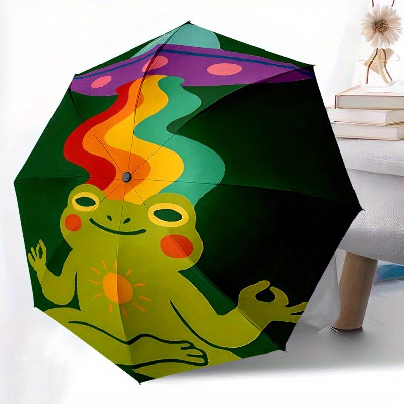 

1pc Auto Open/Close All-Season Portable Folding Umbrella with Cute Meditating Frog & UFO Design, 8-Rib Durable Frame, Compact (as the picture,iron&8K)
