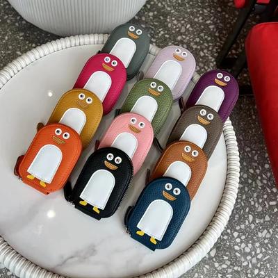 Small Penguin Shape Card Holder Coin Purse Cartoon Cute Genuine Cow Leather Zipper Purses Mini Wallet