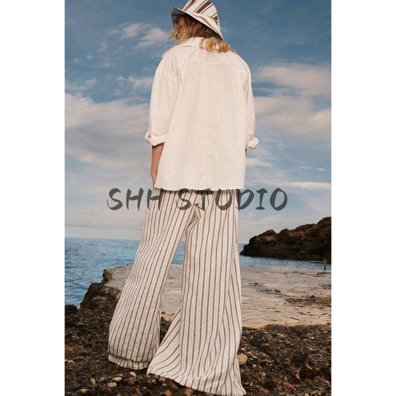 Summer Women's Clothing Casual Style Stickers Pocket Decoration Cotton Striped Slit Lapel Long Sleeve Shirt Tops 5691100