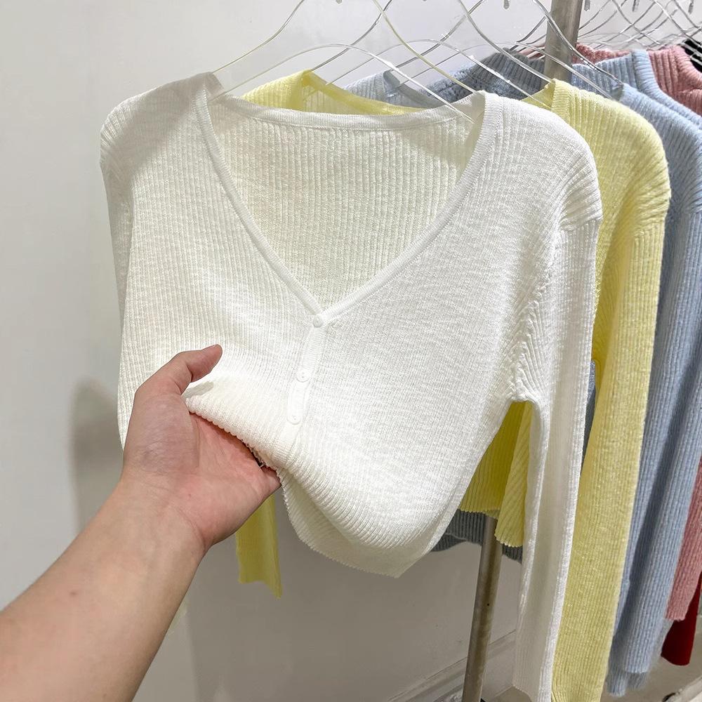 Women's V Neck Long Sleeve Slim Fit Knit Cardigan Single Breasted Short Knit Top