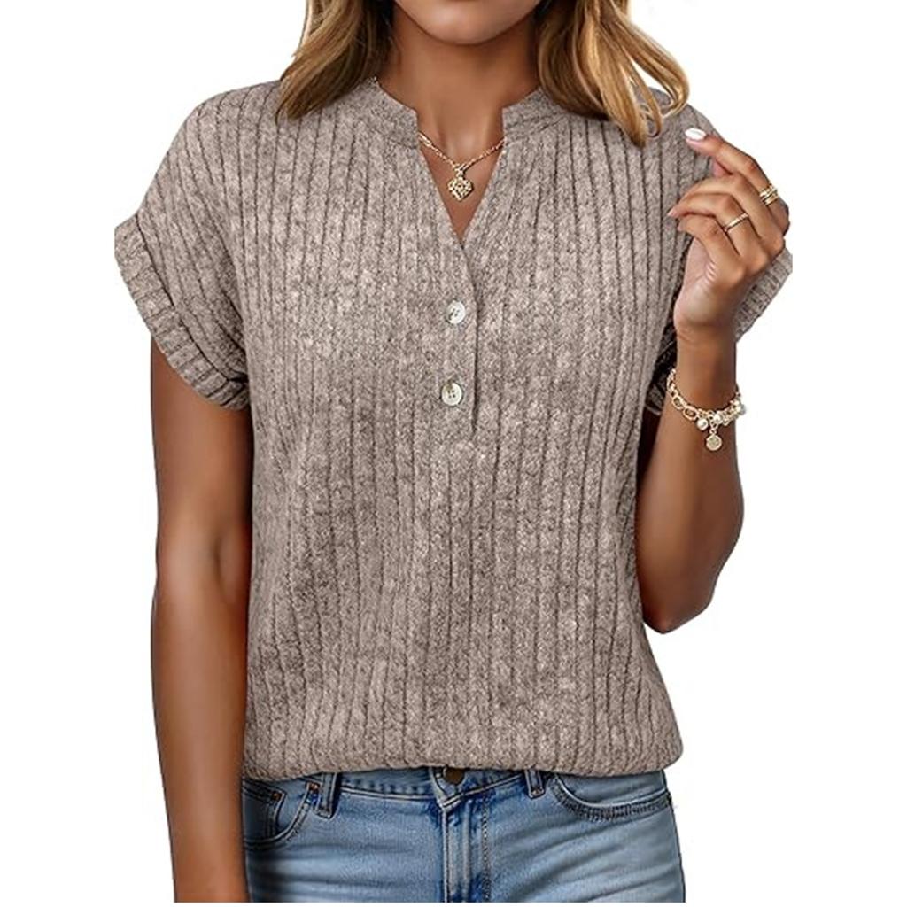 Women's Casual Fashion New Short,Sleeved Button,Up V,Neck Top