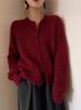 Red Cashmere Blend Round Neck Cardigan: Autumn Winter Women's Loose Knit with Bright Silk Detailing