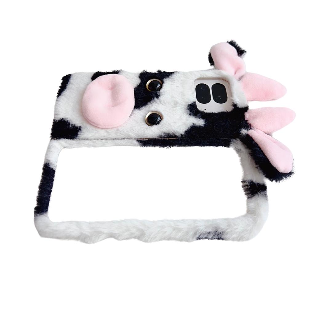 For Google Pixel 9 Pro Fold 5G Case Fluffy Cute Cow Winter Plush Inner TPU Phone Cover