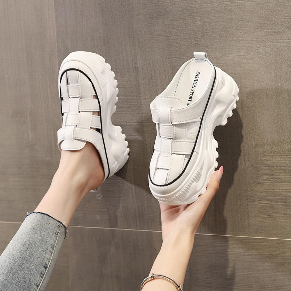 Sandálias de Plataforma Sapatos Femininos Chinelos com Aumento de Altura Interna Verão Feminino para Exterior Novo Sandálias Respiráveis de Couro de Vaca com Bico