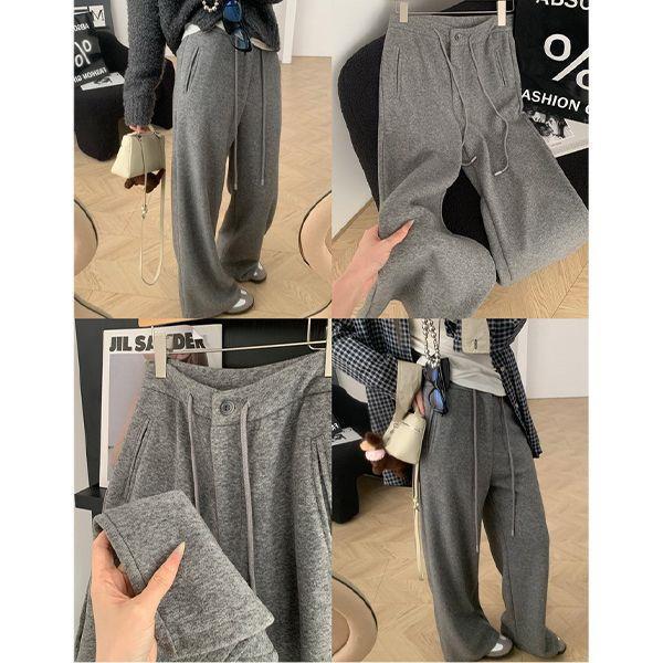 2025 Autumn/Winter Women's Elastic Waist Wide-Leg Drawstring Towel Pants - Thickened, Lazy Style, Casual and Straight Fit