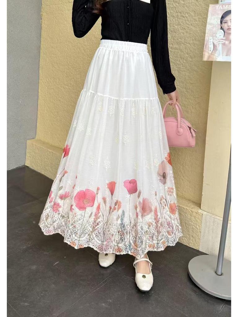 Women's Winter Embroidered High-Waist A-line Skirt with Hollow Print