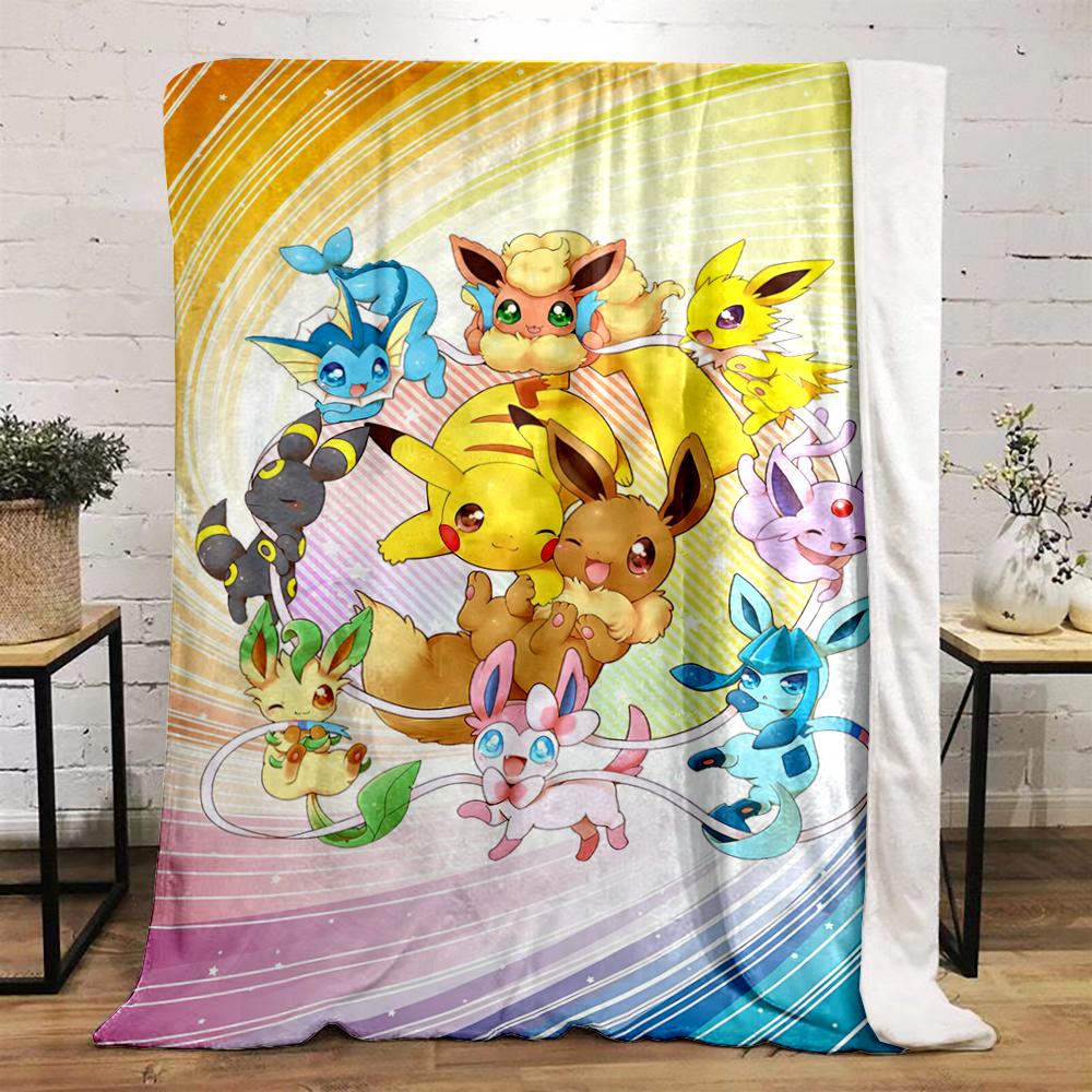Pokemon Pikachu and Eevee Eeveelution Group Blanket Throw, Warm Yellow Swirl Art Design for Everyday Comfort, Cozy Fan Bedding, All Seasons Gift