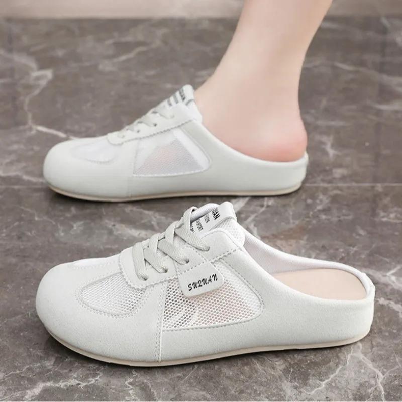 Fashion Women's Shoes Fashion 2025 Summer Slippers Mesh Breathable Flat Shoes Non Slip Round Toe Outdoor Half Slippers Lace Up Mules