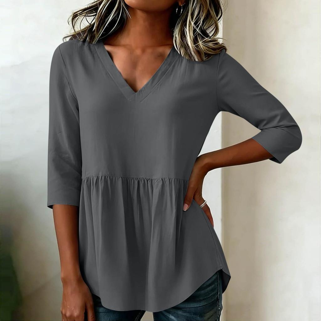 Women's Fashion Loose Fit Cotton Linen Blouse Three Quarter Sleeve V Neck Casual Tunic Top for Daily Wear