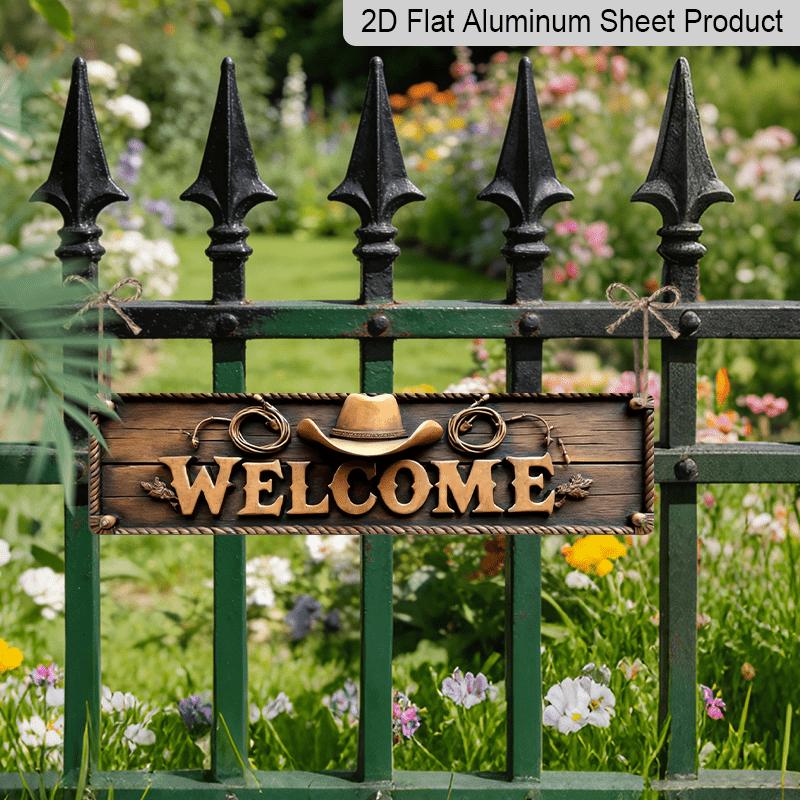 2D Aluminium Dekoschild - Willkommensschild im rustikalen Stil, mit Cowboyhut und Seil Wanddekoration, im Western-Thema gestaltet für Bauernhof, Bar