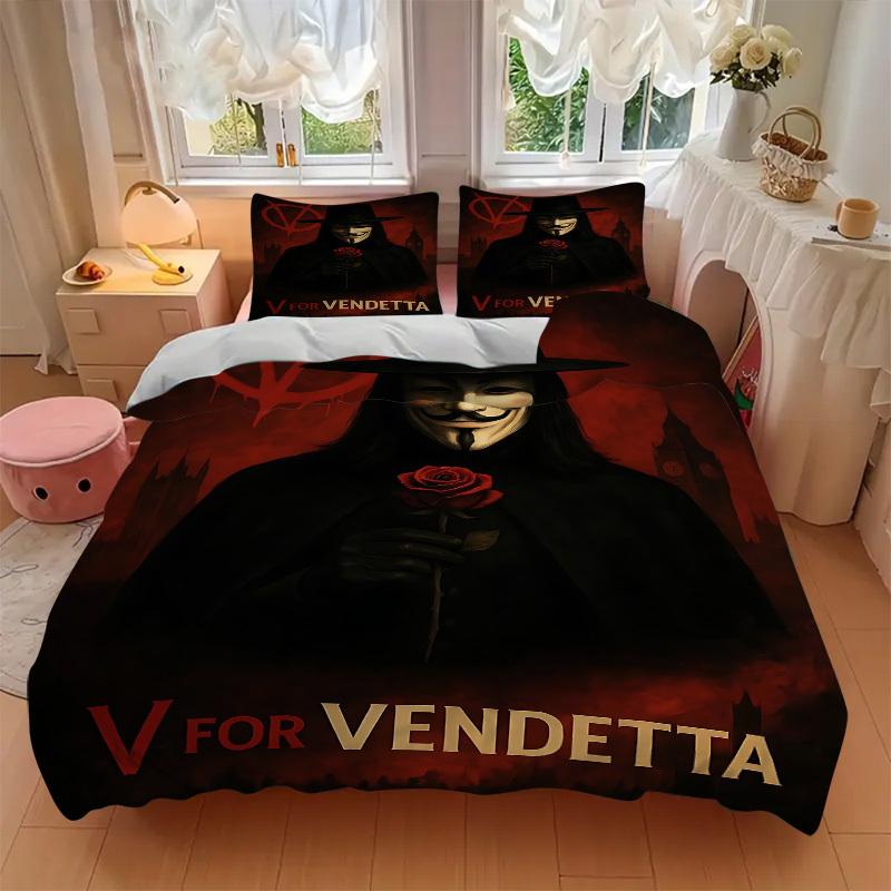3pcs V for Vendetta Bedding Set, Soft Polyester Duvet Cover and Pillowcases Machine Washable Seasons all suitable & Guest Room Decor210