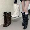 2025 new pointed wedge heel straight pants tube boots white belt buckle high boots but knee boots sweet cool western boots