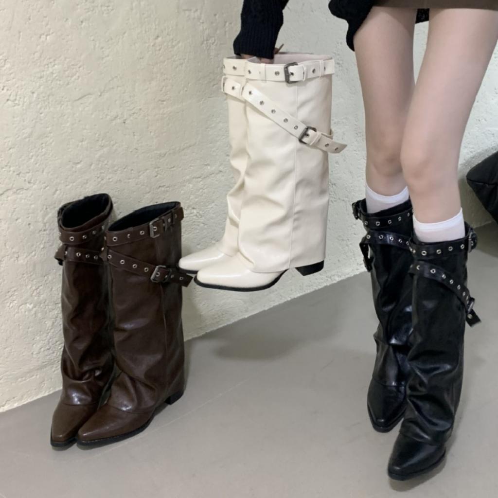 2025 new pointed wedge heel straight pants tube boots white belt buckle high boots but knee boots sweet cool western boots