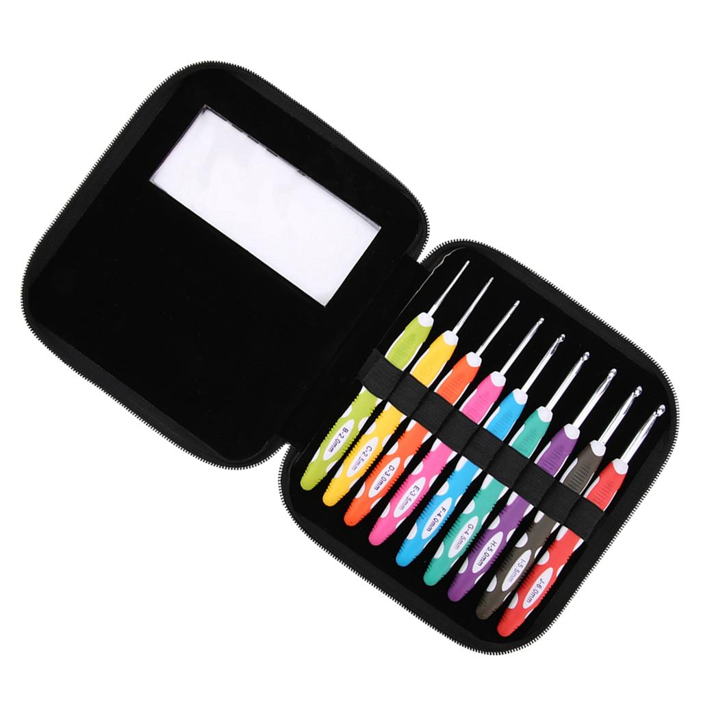 9PCS Häkelnadeln Set Stricken Glatte Nadeln Werkzeuge Ergonomischer Kunststoffgriff Aluminiumhaken