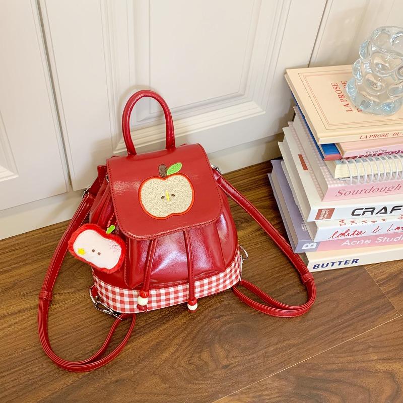 

New high-value cartoon red apple backpack female cute fashion trend plaid small backpack Pendant not included красный
