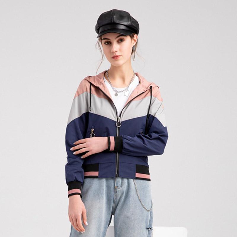 Women Spring Autumn Hooded Long Sleeve Color-block Drawstring Thin Trench Coat S-XXL