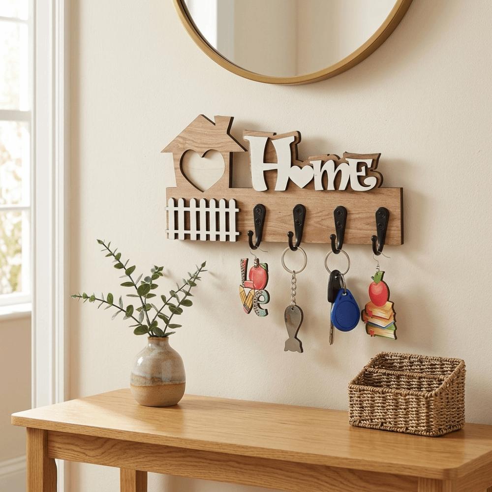 Vintage Wooden Key Hook 4 Hooks Key and Accessory Hanger Wall Storage Rack Entrance Decoration