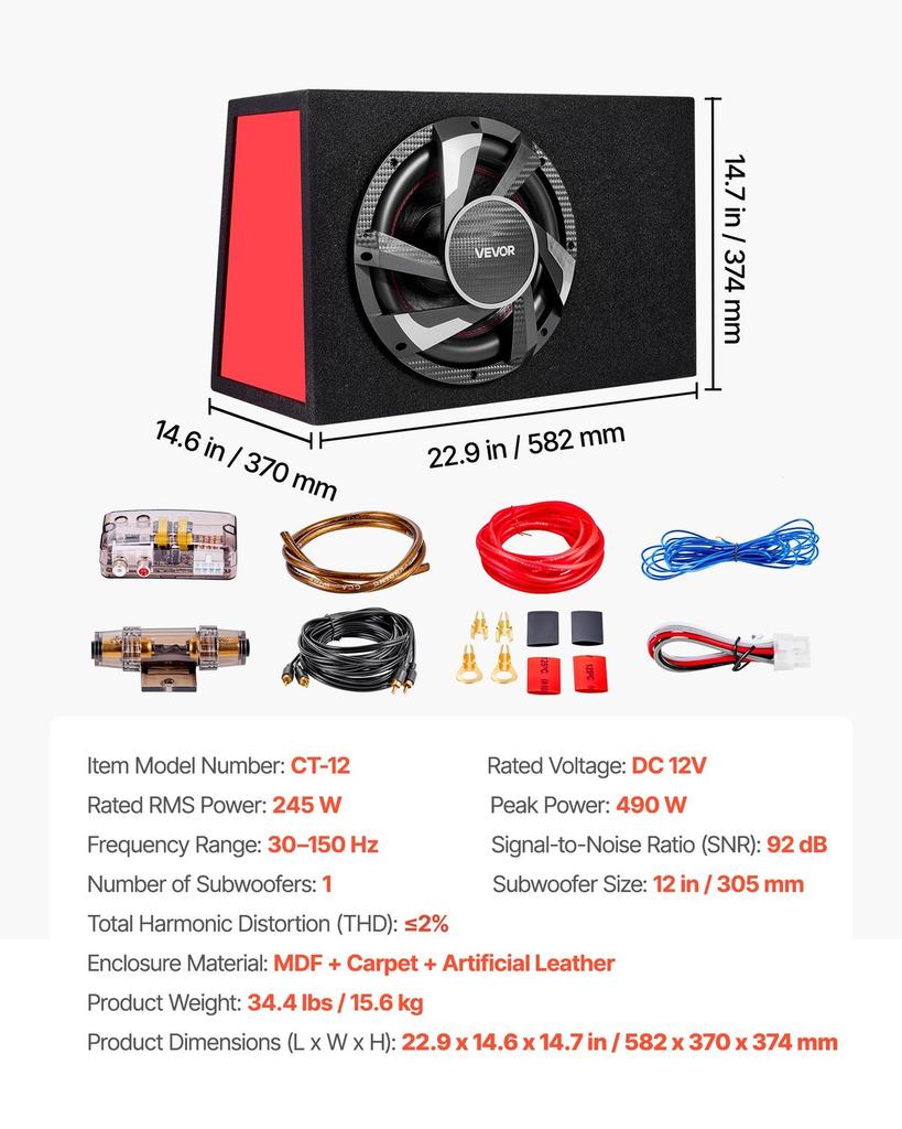 Subwoofer Basspaket, 305mm, 245W RMS, Komplettes Auto-Audio Subwoofer- und Verstärkerpaket, mit bestücktem Gehäuse, integriertem Verstärker und Verkabelungsset, Schlank