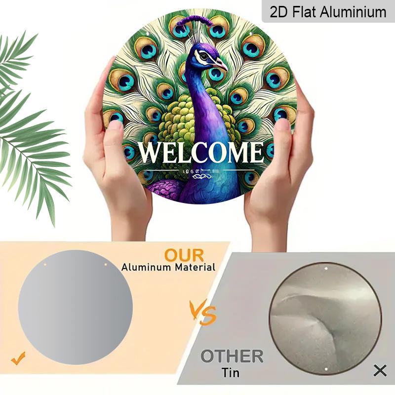 2D Flat Aluminum 7.87 Inch X 7.87 Inch Peacock Style Welcome Sign Wall Decor, Vintage Style, Suitable for Cafes, Living Rooms, Kitchens, Bars