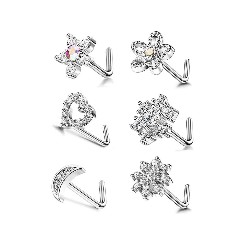 6Pcs 20G Stainless Steel L Shaped Nose Rings Hypoallergenic Flower Heart Star Nose Studs Piercing Jewelry Gift for Women