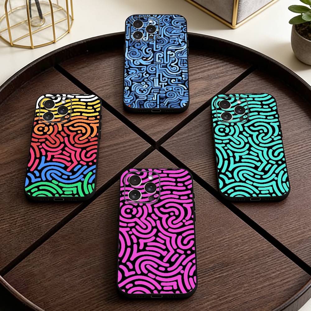 Abstract art line doodles Phone Case For iPhone 17,16,15,14,13,12,11 Plus,Pro Max,XS,Soft Silicone Black Cover