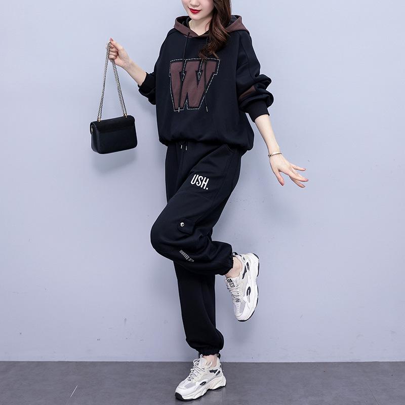 Plus Size Oblek pro tlustou sestru Dámský plus sametový silný podzimní mikina s kapucí harémové kalhoty ležérní dvoudílný oblek