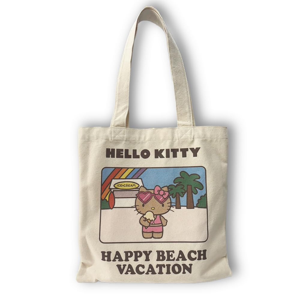 [Kubakasaya] Tan Hello Kitty Okinawa Souvenir HAPPY BEACH VACATION Okinawa Exclusive Travel Commemorative Tan Hello Kitty Tote Bag (Ivory)