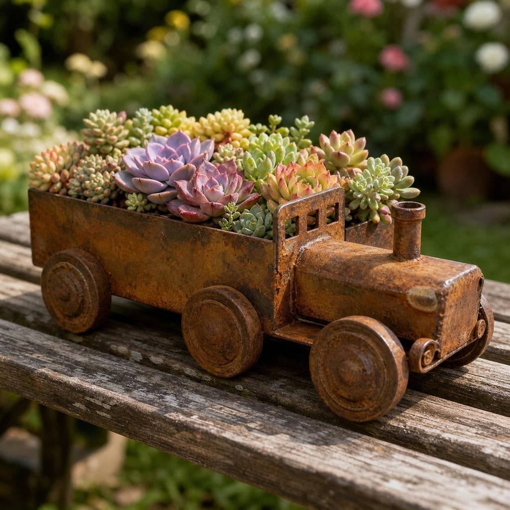 Rustikaler Dampflokomotivförmiger Metall-Pflanztopf Outdoor-Garten Dekorative Eisenkunst-Skulptur Blumentopf-Behälter für Hof Terrasse