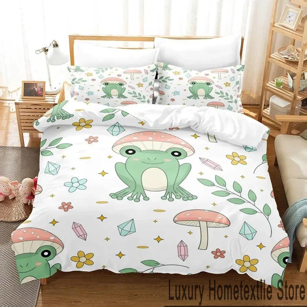 Cartoon Cottagecore Frog Mushroom 3D Bedding Set Duvet Cover Bed Set Quilt Cover Pillowcase Comforter King Queen Size Boys Adult