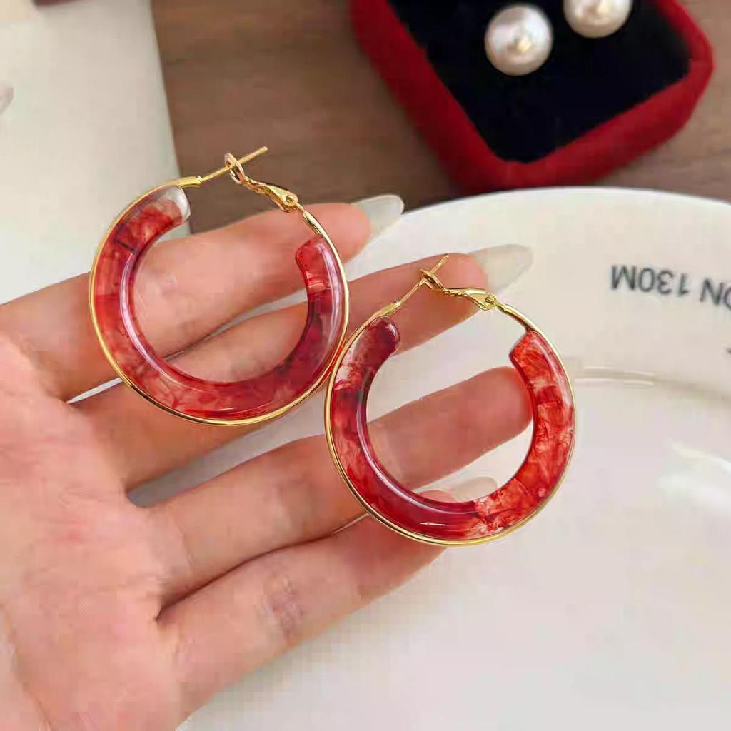 Red Style _ Temperament Ankara Red Ice Transparent Earrings Women'S Unique Personality Stud Earrings Senior Feeling Earrings
