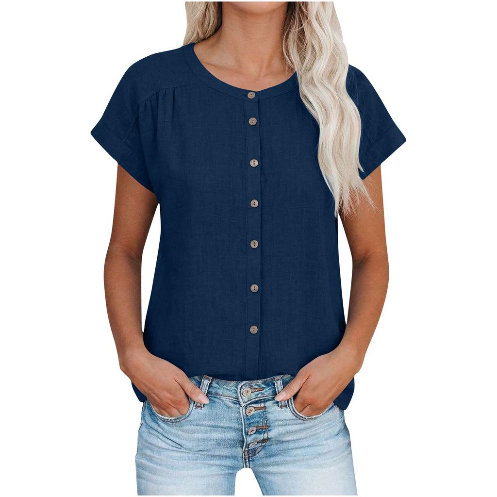 Women's Loose-Fit Short-Sleeve -Color -Neck Drop-Shoulder Casual Top