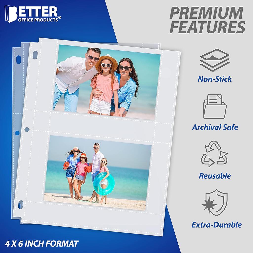 Better Office Products Heavyweight 4 x 6 Inch Diamond Clear 3 Ring Binder Page Refills - 100 Total Photos, Each 2-Pocket Sheet Holds Up to 4 Photos