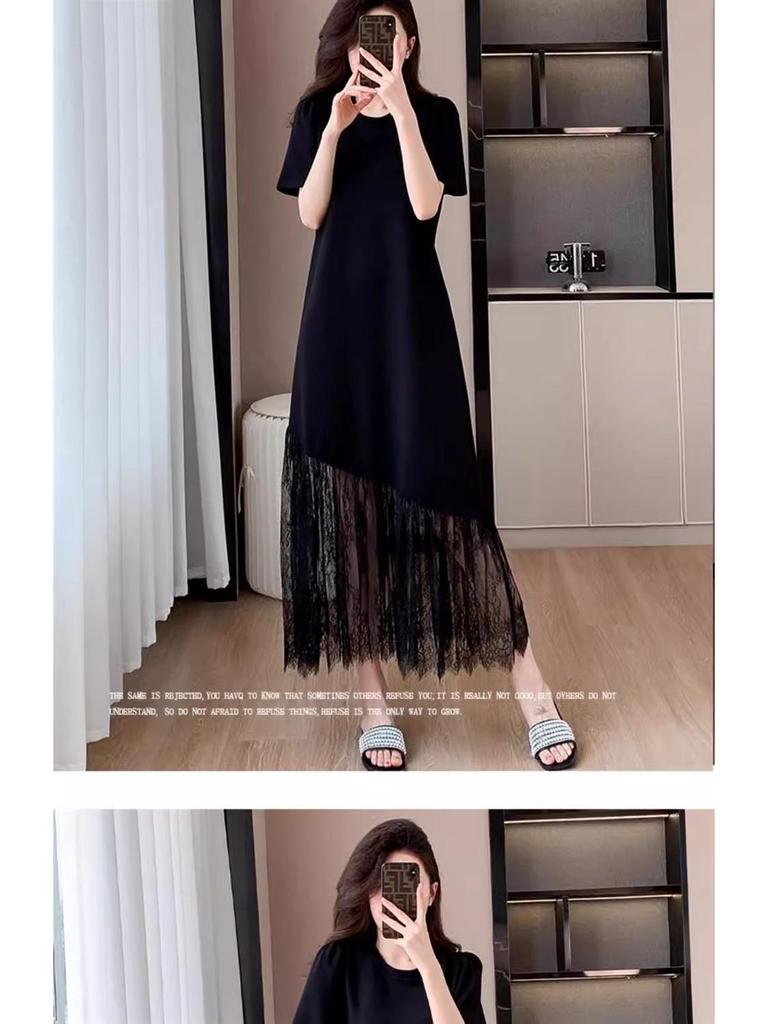 French Lace Patchwork Plus Size Summer Dress - Elegant Loose Short Sleeve Skirt for Women