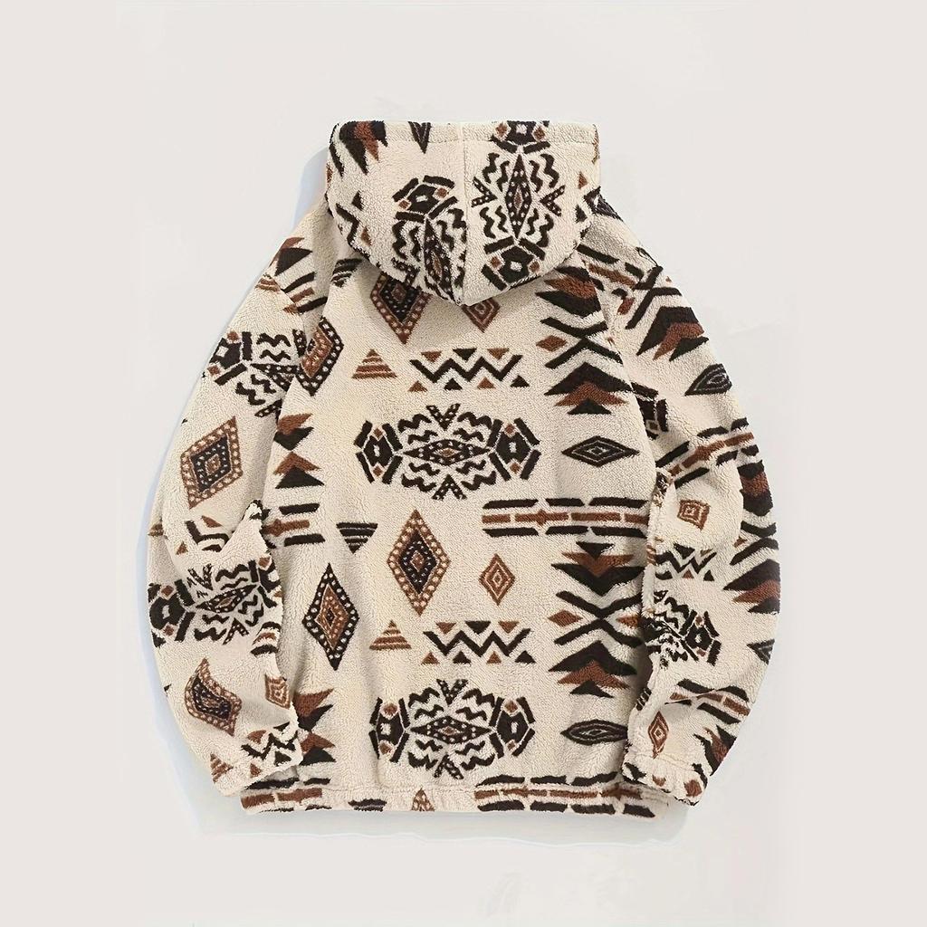 Men's Hoodies Ethnic Style Contrast Binding  Pocket Loose Pullover Fuzzy Hoodie