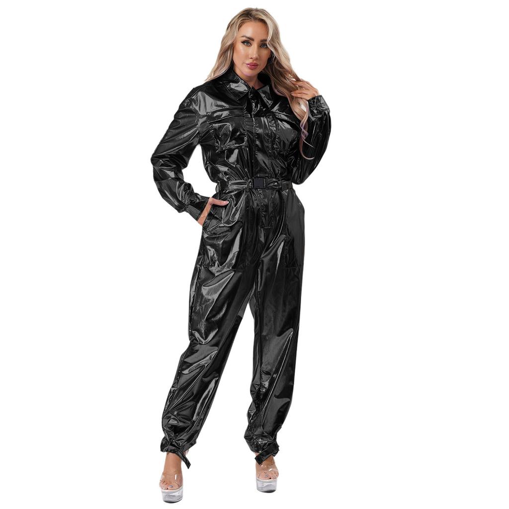 Damski Błyszczący Kombinezon Body Metaliczny Kombinezon Długi Rękaw Kołnierzyk Klapowy Wysoka Talia Kostium na Imprezę Halloweenową