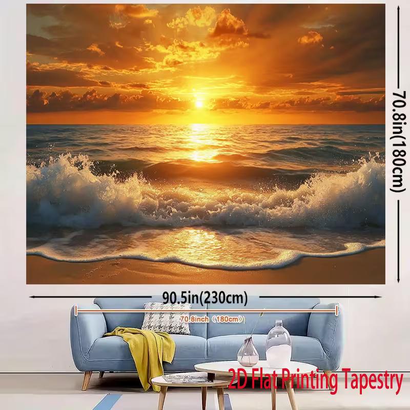 2D Ocean Sunset Tapestry Tropical Coastal Scene with Foamy Waves, Sandy Beach and Glowing Sunlight 47.2x31.5inch/120*80cm