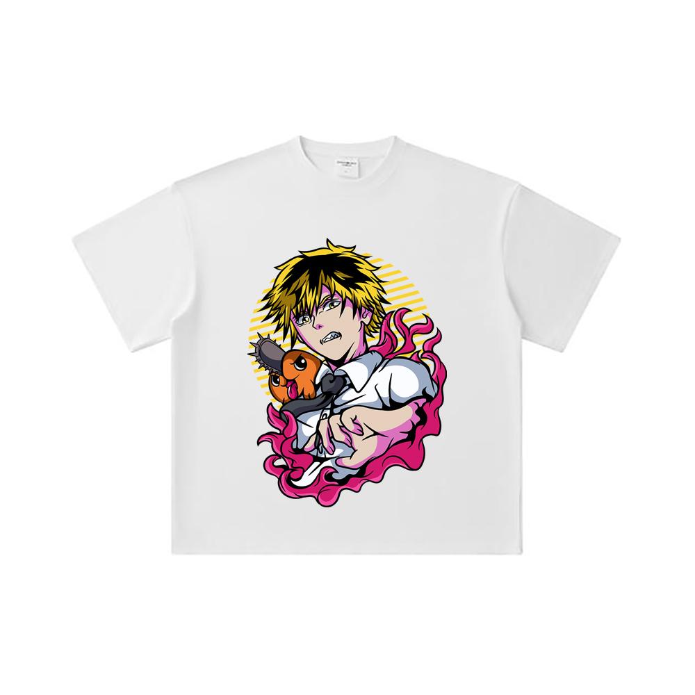 260 GSM Double Yarn 32 Count 100% Cotton Chainsaw Man V4 Denji Pochita Print Unisex Heavy Cotton T Shirt