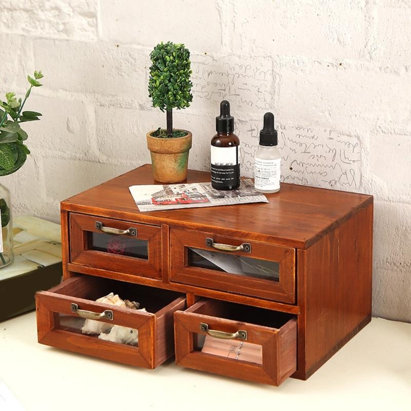 Vintage Style Wooden Desktop Organizers Box With Four Drawers Cabinet Storage Holder For Organizing Makeup And Jewelry
