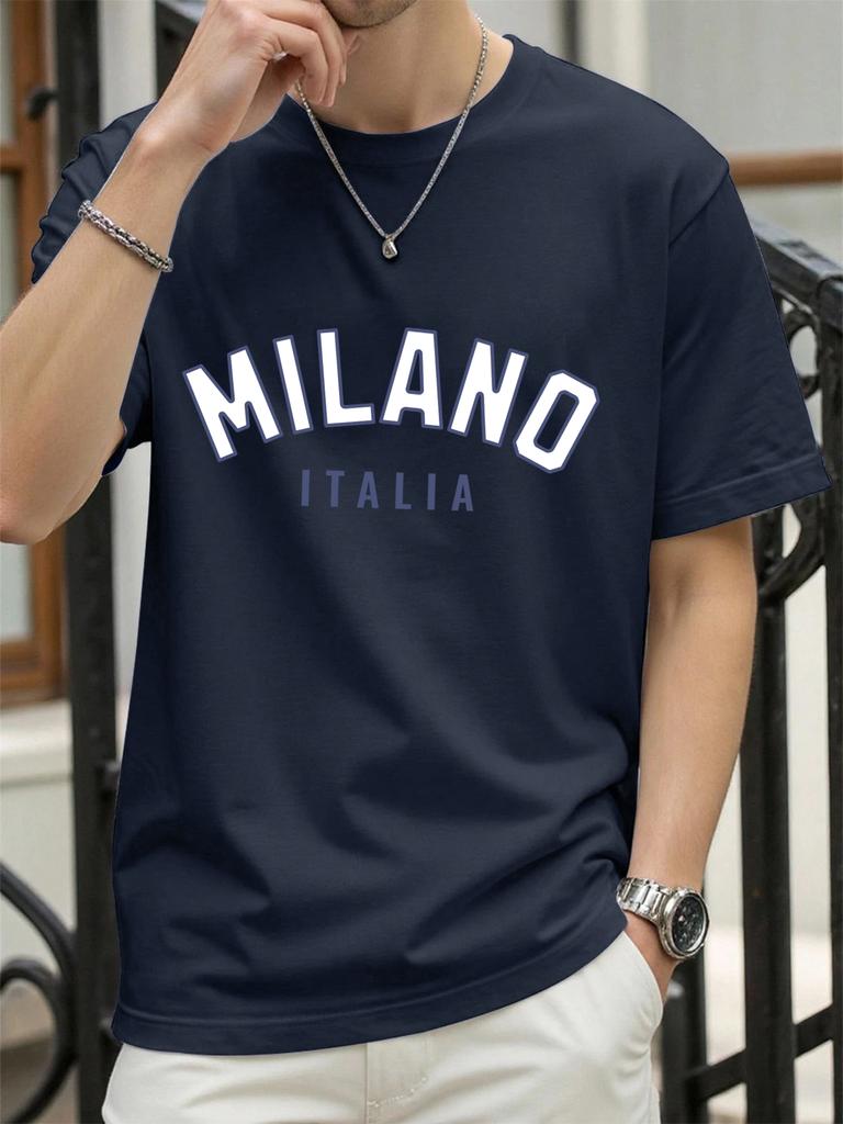 Milano Włochy Nadruk Litery Retro Koszulka Męska Luźna Bawełniana Koszulka Modna Letnia Odzież Unisex Uniwersalna Streetwear